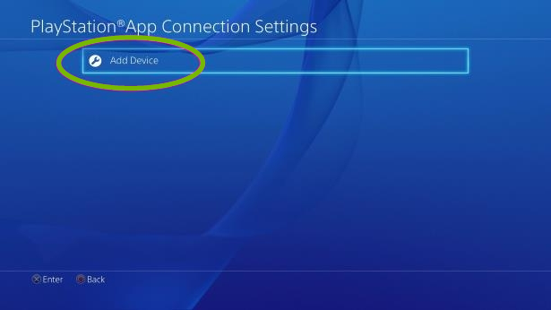 PlayStation App Connection Settings with Add Device selected. Screenshot.