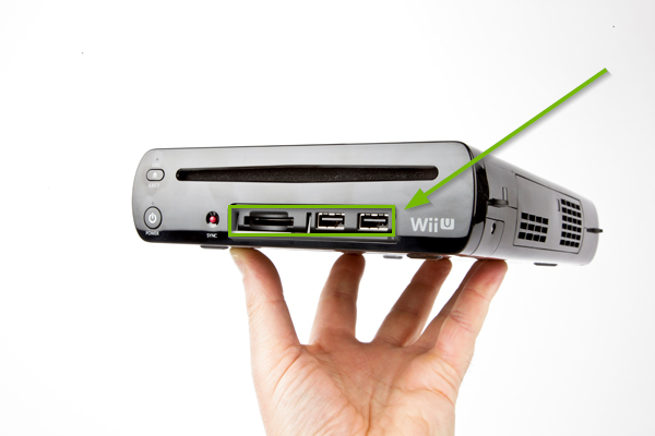 Wii U console with USB ports highlighted.