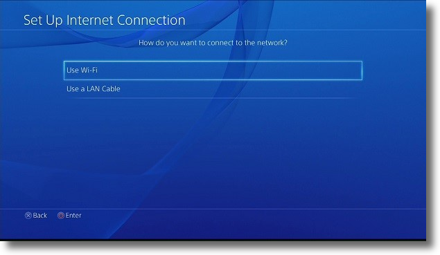 PlayStation Set Up Internet Connection screen. Screenshot.