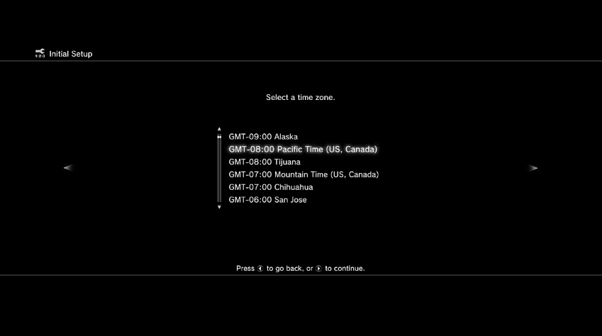 Time zone selection screen.