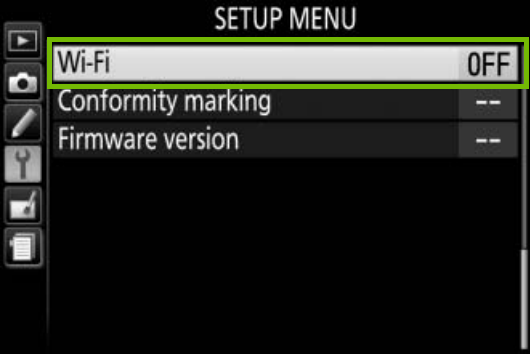 Setup menu with Wi-Fi Highlighted.