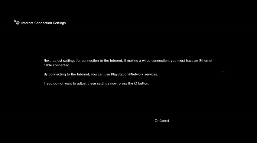 PS3 network setup screen. Screenshot.