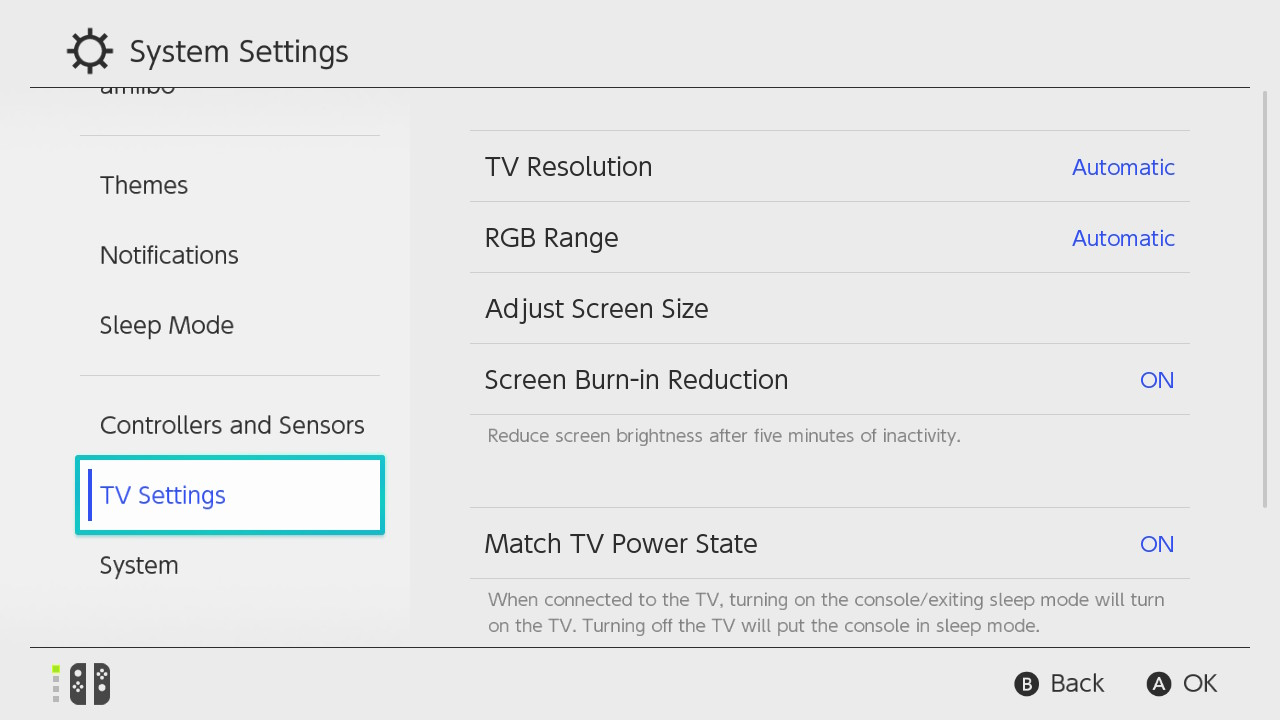 Nintendo Switch system settings menu with TV Settings highlighted