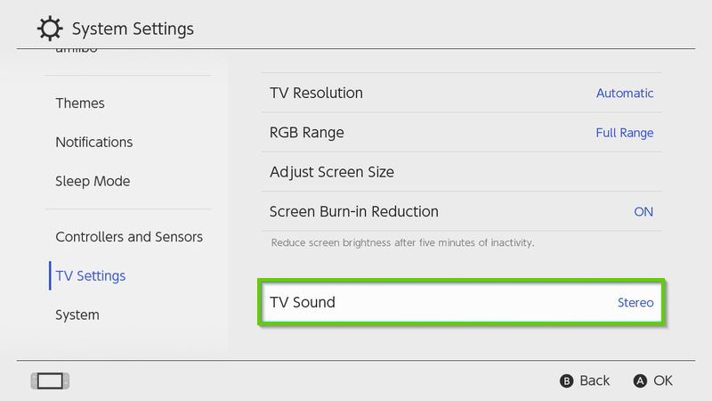Nintendo Switch TV settings menu with TV Sound highlighted
