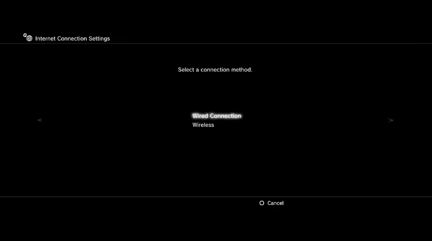 PS3 network setup screen with Wired or Wireless options. Screenshot.