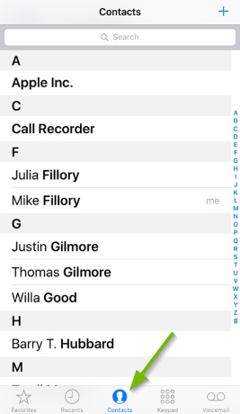 Contacts pointed out in iOS Phone app.