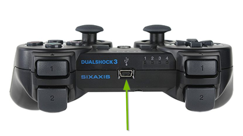 A ps3 controller showing the microusb slot