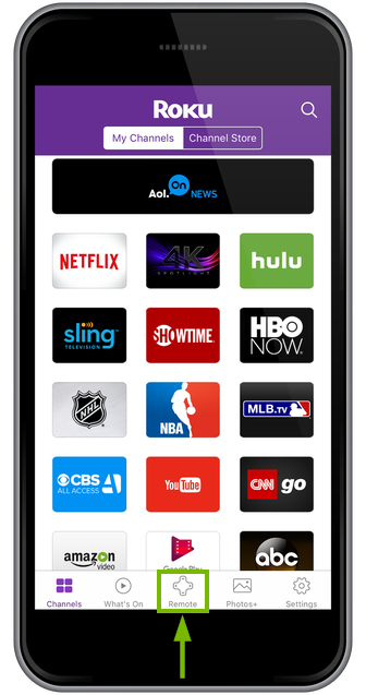 Remote option highlighted in Roku mobile app.