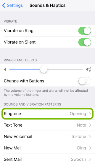 Ringtone highlighted in Sounds & Haptics settings.