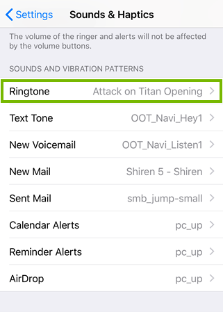 Sounds and haptics screen highlighting the ringtone field.
