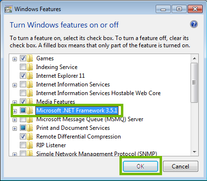 Windows Features dialog with .NET Framework and OK highlighted.