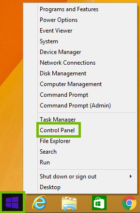 Windows 8 Start Menu right click menu with Control Panel highlighted.