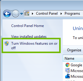 Programs and Features inset with Turn Windows features on or off highlighted.