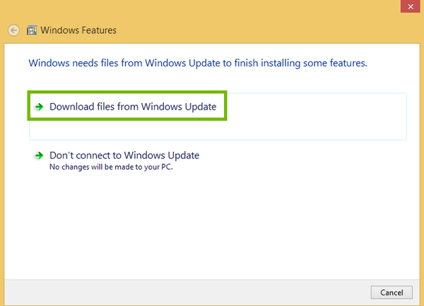 Windows Feature install dialog with Download from Windows Update highlighted.