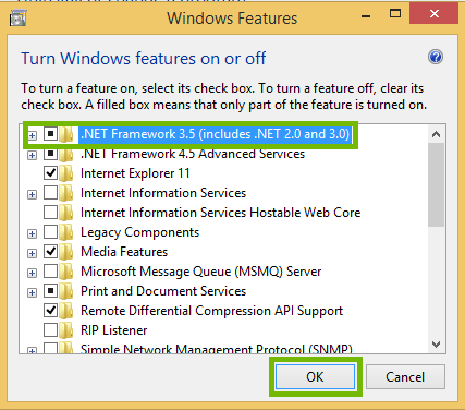 Windows Features dialog with .NET Framework 3.5 and OK button highlighted.