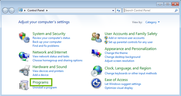 Control Panel with Programs highlighted.