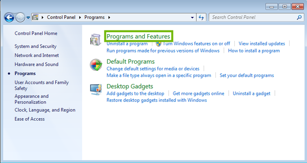 Programs with Programs and Features highlighted.