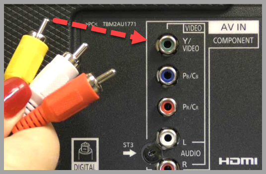 Connecting composite cables to rear of TV.