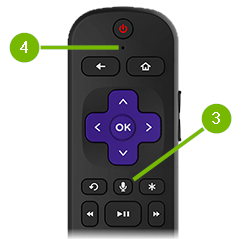 Microphone placement and microphone button pointed out on remote control.