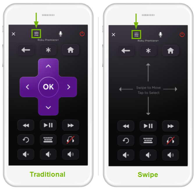 Layouts of Roku mobile app remote control modes.