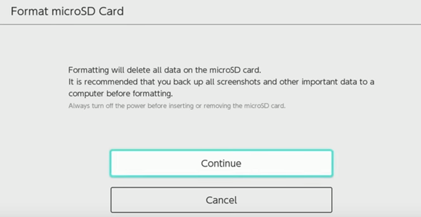 Nintendo Switch continue button for formatting