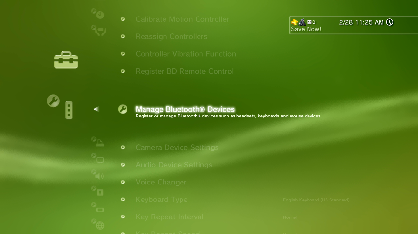 Accessory Settings with Manage Bluetooth Devices selected. Screenshot.