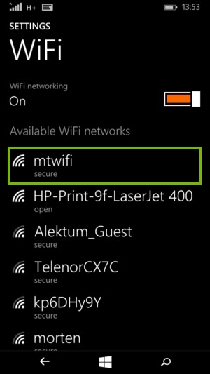 Windows phone Wi-Fi menu displaying a list of available wireless networks.