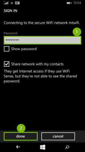 Windows phone prompting the user to enter their Wi-Fi password, highlighting the password entry field and done button.