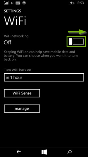Windows phone Wi-Fi settings menu highlighting the Wi-Fi switch being turned on.