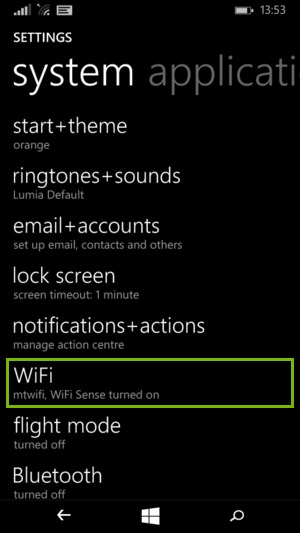 Windows phone settings menu highlighting the Wi-Fi option.
