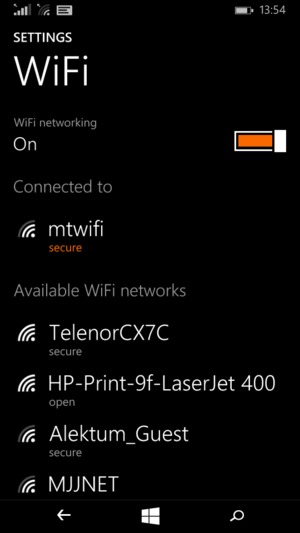 Windows phone Wi-Fi menu displaying the device is currently connected to the chosen Wi-Fi network.