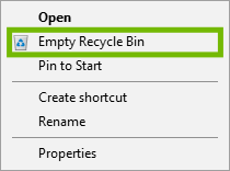 Recycle Bin menu with Empty Recycle Bin highlighted.