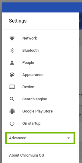 screenshot of the menu with advanced highlighted