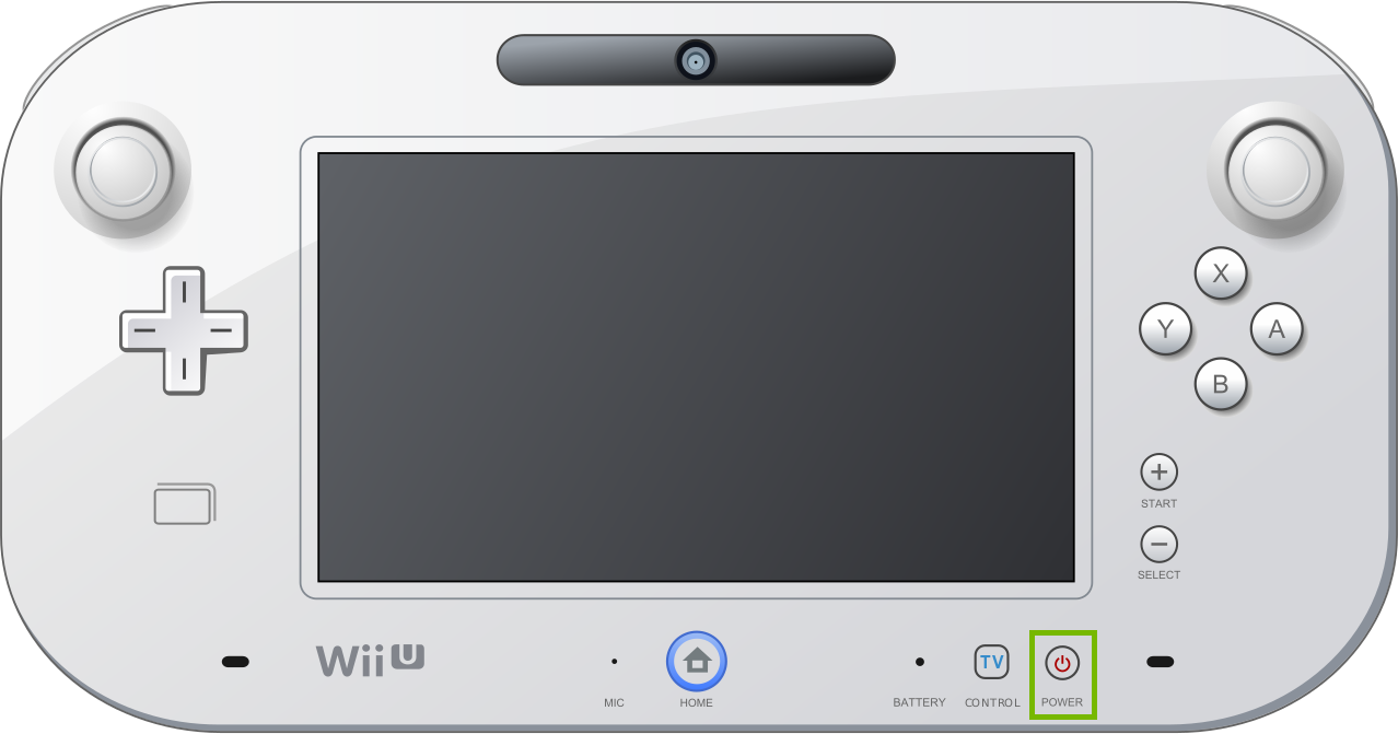 Wii U controller with power button highlighted.