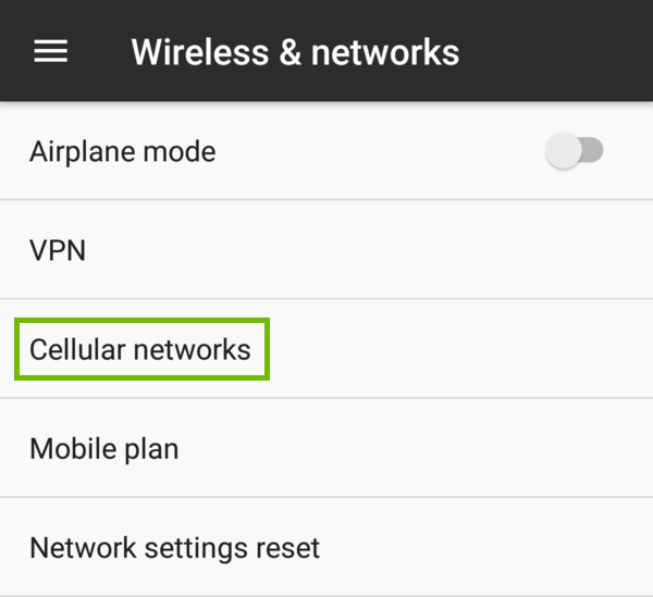 More wireless and network settings with Cellular networks highlighted.
