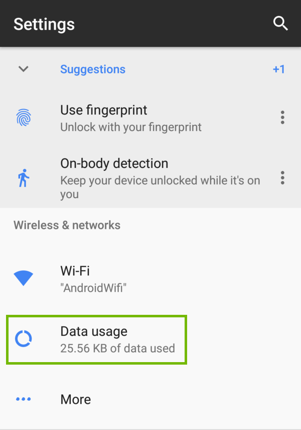 Settings with Data usage highlighted.