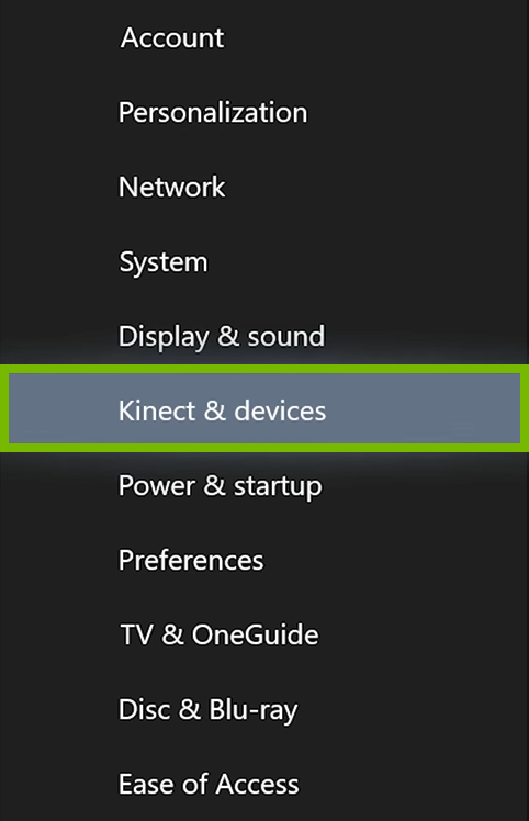 Kinect & devices option highlighted in Xbox One menu.