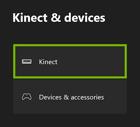 Kinect option highlighted in Xbox One menu.