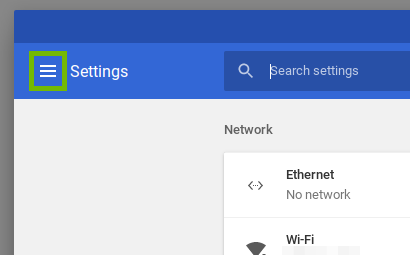screenshot of the settings window with the menu highlighted
