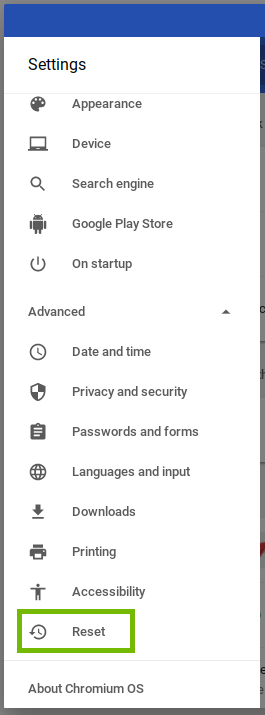 screenshot of the menu with reset highlighted