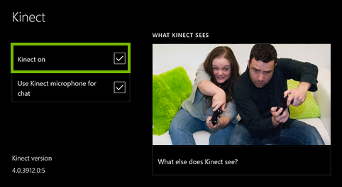 Kinect On option highlighted in Xbox One settings.
