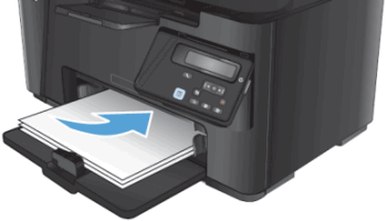 Illustration of an HP printer depicting standard paper being inserted into the paper tray.