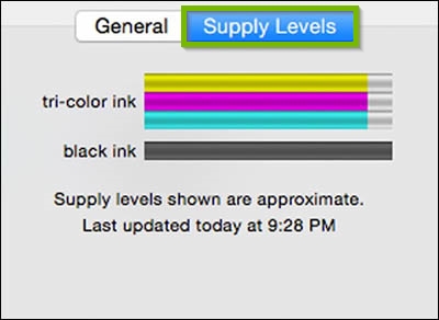 Screenshot of the macOS options and supplies window open for the current printer with the supply levels button highlighted. It displays current ink levels.