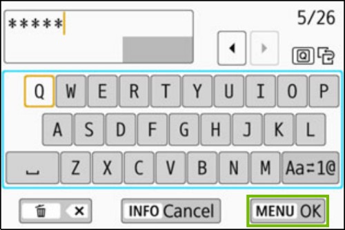 Camera screen with password entered and OK is highlighted