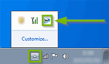Screenshot of the Windows system tray area with the show hidden icons button highlighted, and the hidden icons area expanded with a printer software icon highlighted within.