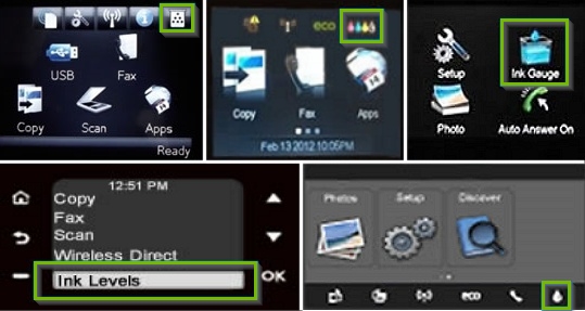 Assortment of printer screen screenshots that demonstrate how different printers provide ink level estimates within their own interfaces.