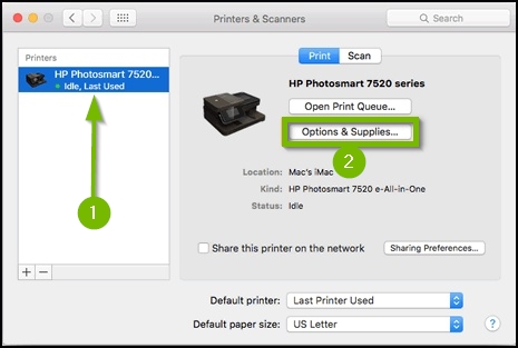 Screenshot of the macOS printers and scanners window with the current printer selected within the left column, and the options and supplies button highlighted.