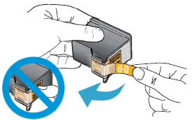 Illustration of protective plastic tape being removed from a new ink cartridge, and a warning to not touch the copper contacts.