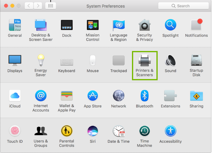 Screenshot of the macOS system preferences window with the printers and scanners icon highlighted.