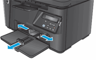 Illustration of an HP printer depicting the movement of the printer's paper tray guides.